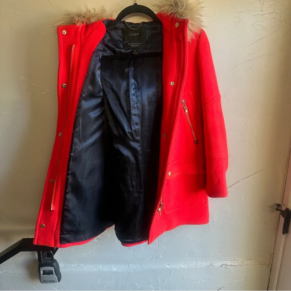 J. Crew Stadium Cloth Red Wool Coat w/ Faux Fur Hood Statement Winter Parka 2P - Picture 15 of 16